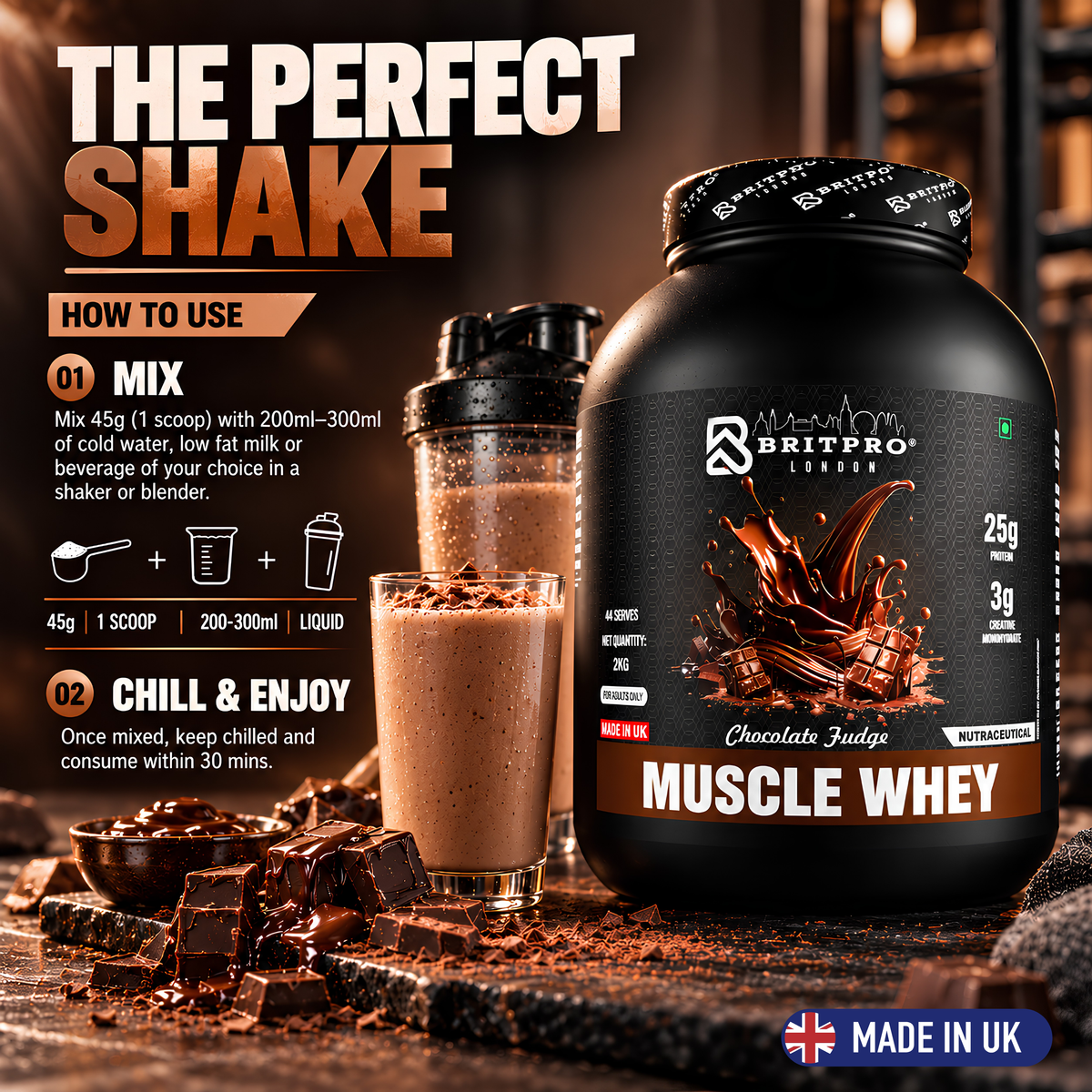 BRITPRO London Muscle Whey Protein Powder - 2kg | 44 Servings (INDIAN)