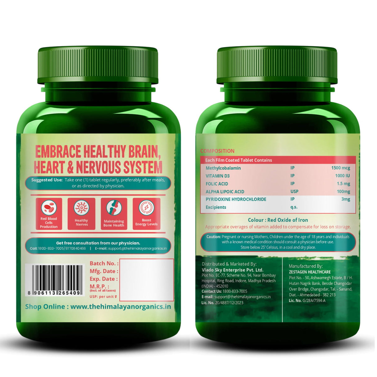 Vlado's Himalayan Organics Vitamin B12 1500mcg with Vitamin D3 | 60 Tablets | Energy & Nervous System Support