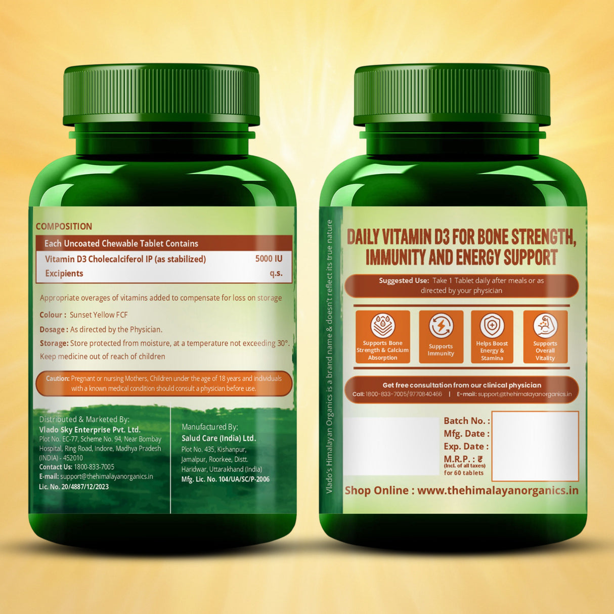 Vlado's Himalayan Organics Vitamin D3 5000 IU Chewable Tablets | 60 Tablets | Bone & Immunity Support