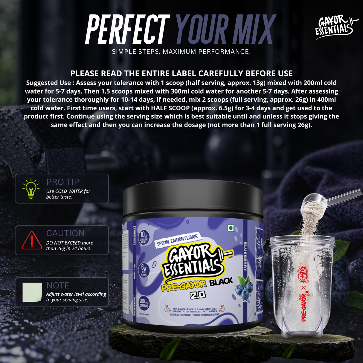 Gayor Essentials Pre Gayor Black 2.0 Pre-Workout Powder 676g | 200mg Caffeine