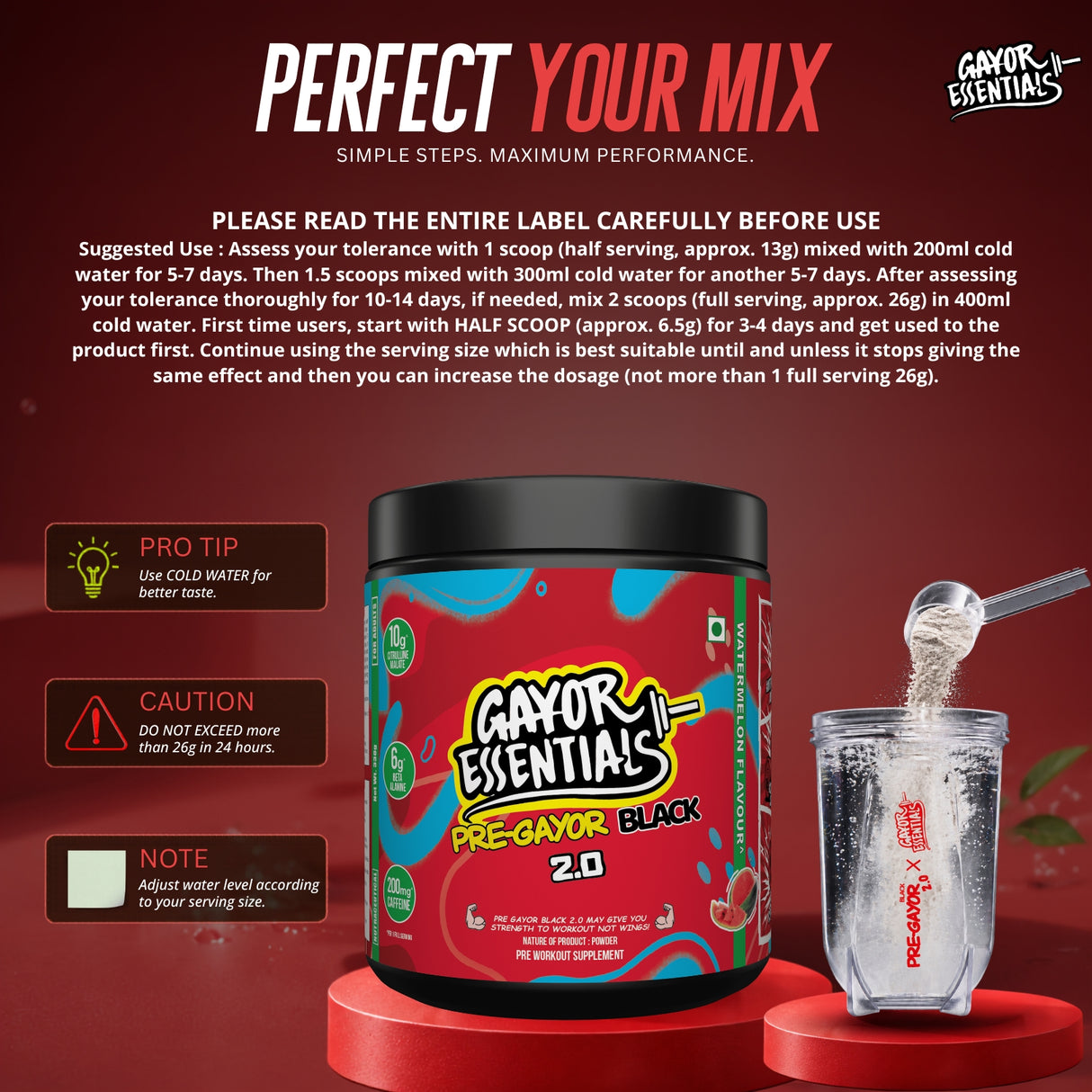 Gayor Essentials Pre Gayor Black 2.0 Pre-Workout Powder 338g | 200mg Caffeine