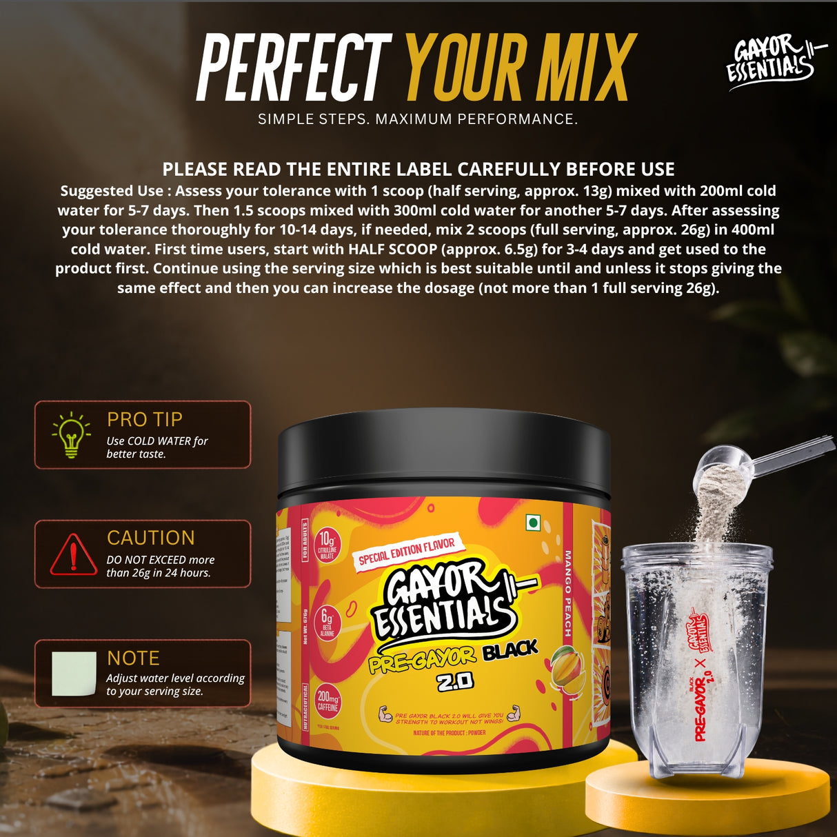 Gayor Essentials Pre Gayor Black 2.0 Pre-Workout Powder 676g | 200mg Caffeine