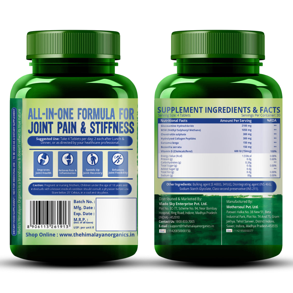 Vlado's Himalayan Organics Glucosamine Chondroitin MSM Tablets - Joint Support Supplement | 120 Vegetarian Tablets