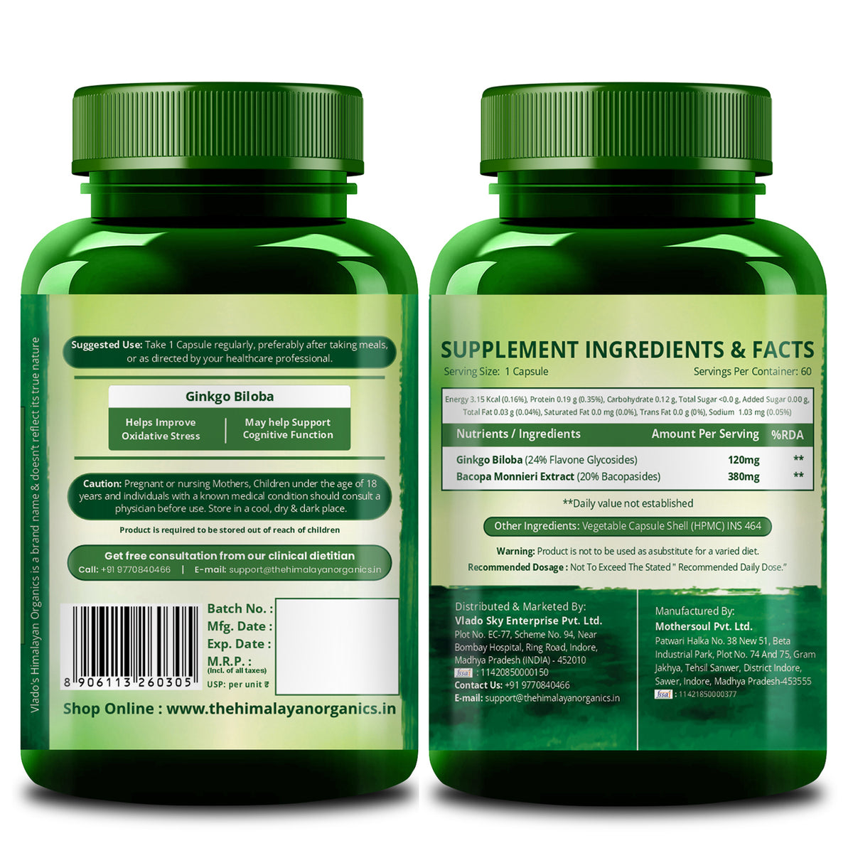 Vlado's Himalayan Organics, Ginkgo Biloba with Brahmi, 500mg - 60 Veg Capsules