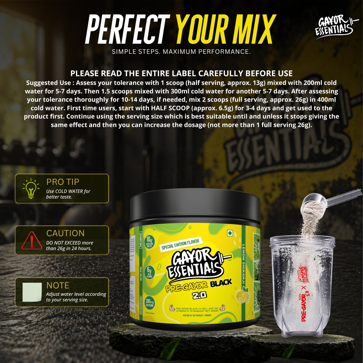 Gayor Essentials Pre Gayor Black 2.0 Pre-Workout Powder 676g | 200mg Caffeine
