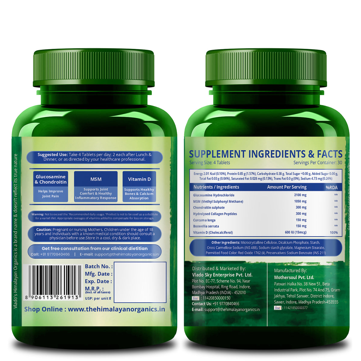 Vlado's Himalayan Organics Glucosamine Chondroitin MSM Tablets - Joint Support Supplement | 120 Vegetarian Tablets