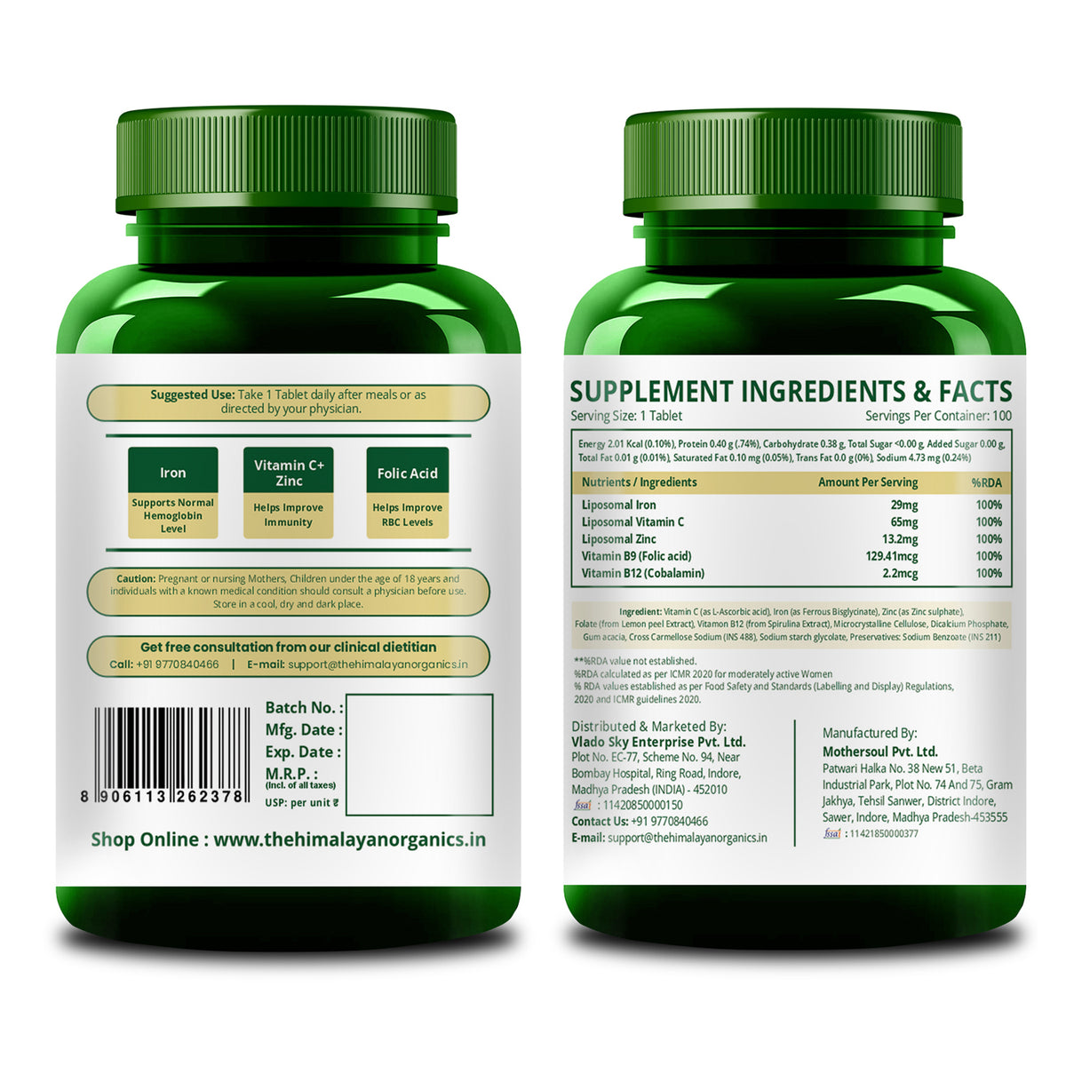Vlado's Himalayan Organics Liposomal Iron + Vitamin C Folic Acid, B12 & Zinc | 100 Veg Tablets