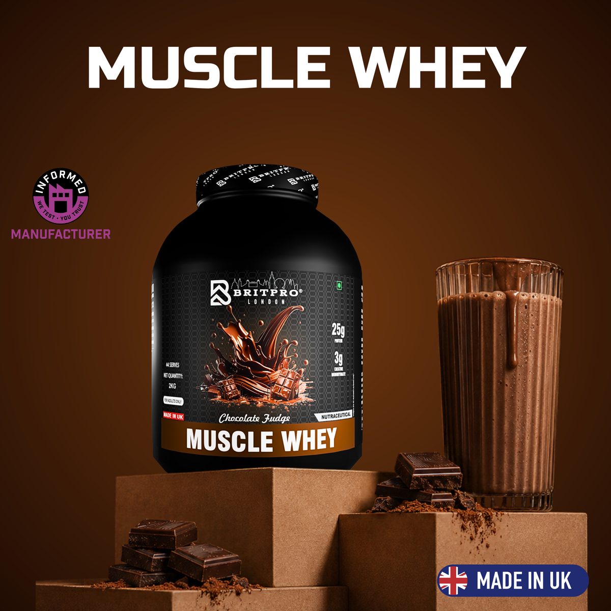BRITPRO London Muscle Whey Protein Powder - 2kg | 44 Servings (INDIAN)