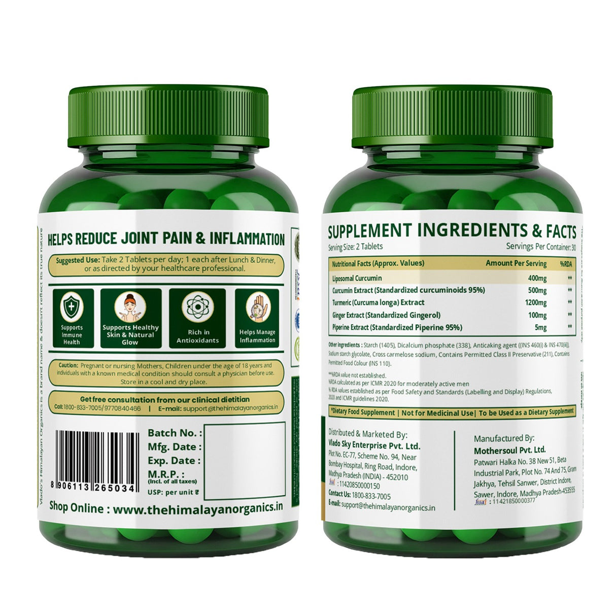 Vlado's Himalayan Organics Liposomal Curcumin Tablets 2200mg+ per Serving with Black Pepper (Piperine & BioPerine) | 95% Curcuminoids | Curcuma Longa, Turmeric & Ginger Root Extract | Supplement for Men & Women | 60 Veg Tablets