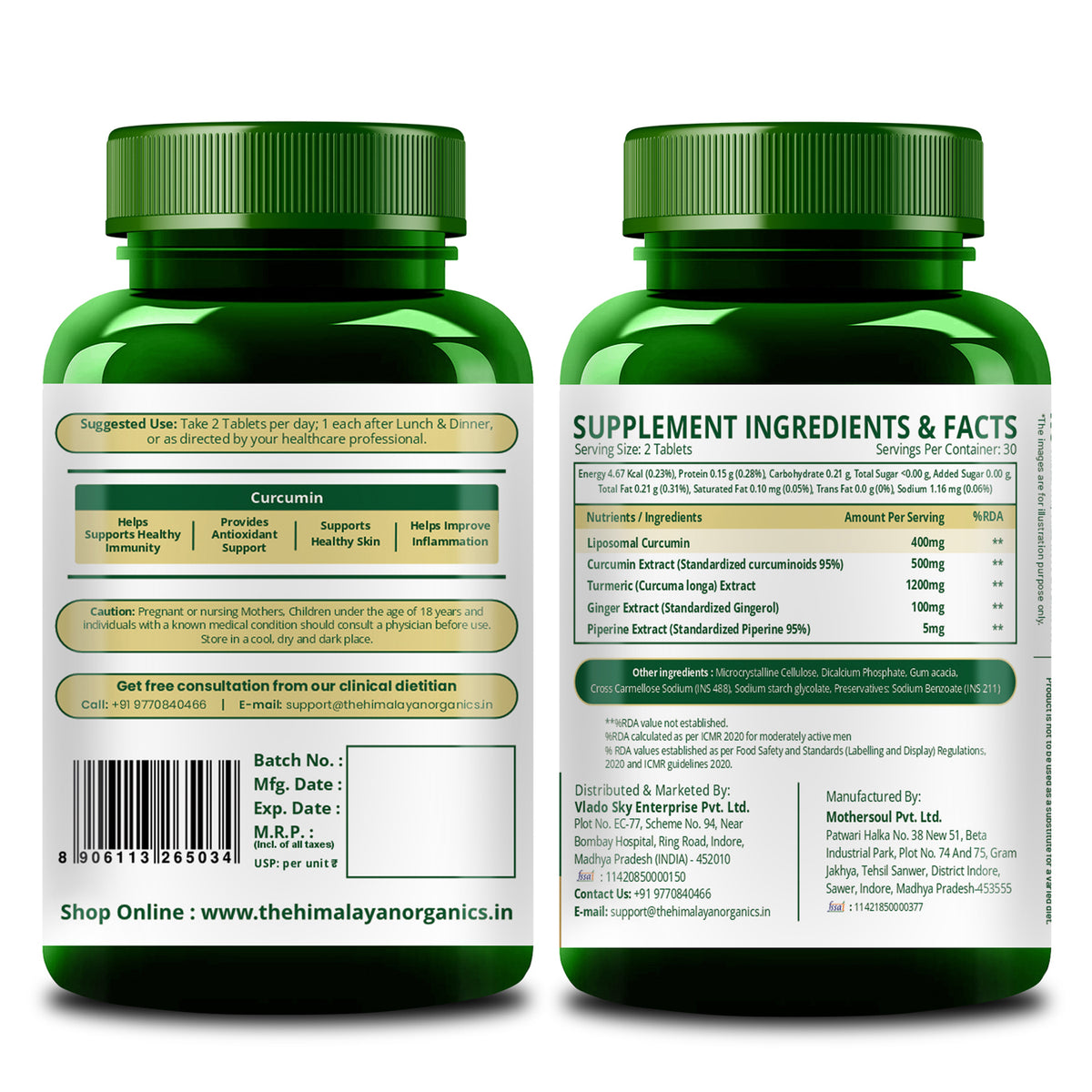 Vlado's Himalayan Organics Liposomal Curcumin Tablets 2200mg+ per Serving with Black Pepper (Piperine & BioPerine) | 95% Curcuminoids | Curcuma Longa, Turmeric & Ginger Root Extract | Supplement for Men & Women | 60 Veg Tablets