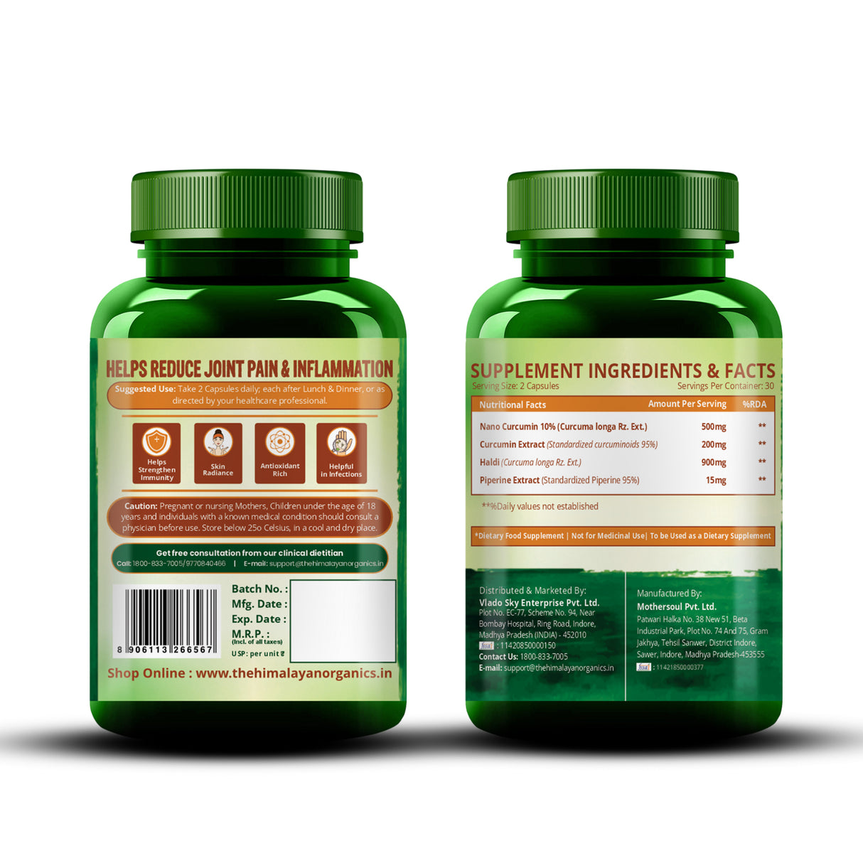 Vlado's Himalayan Organics Curcumin 1600mg with Piperine | 60 Capsules | Joint Support Supplement