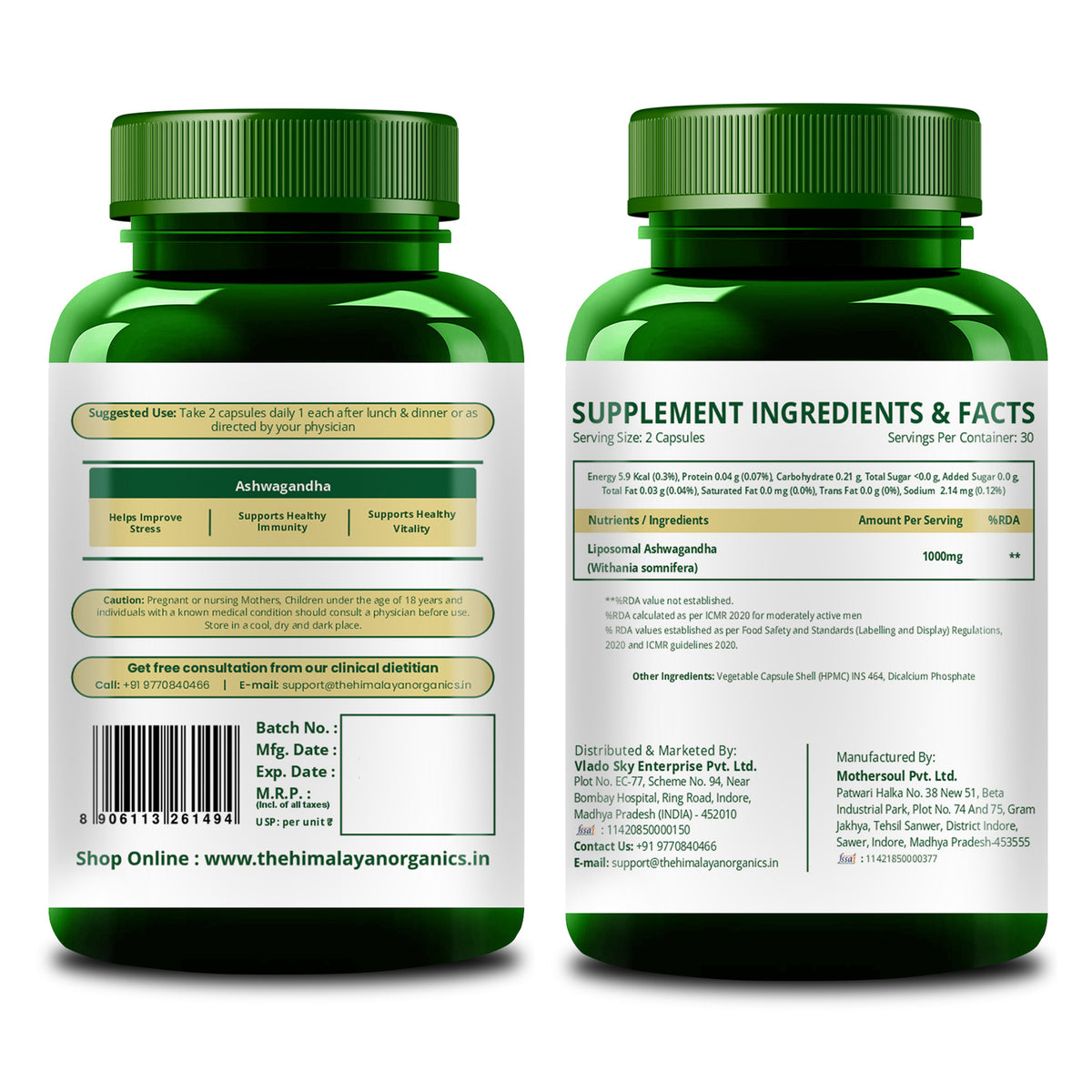 Vlado's Himalayan Organics Liposomal Ashwagandha 1000mg | Energy & Endurance | 60 Veg Capsules