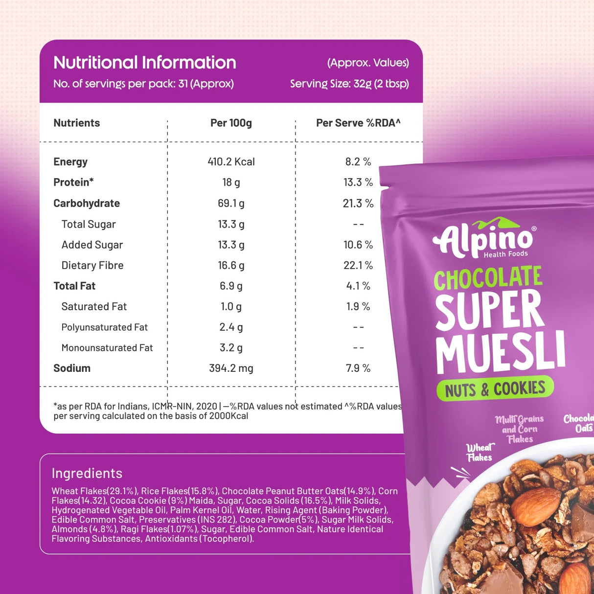 Alpino Super Muesli (Whole Grain Breakfast Cereal) - 400 gm - Nutristar