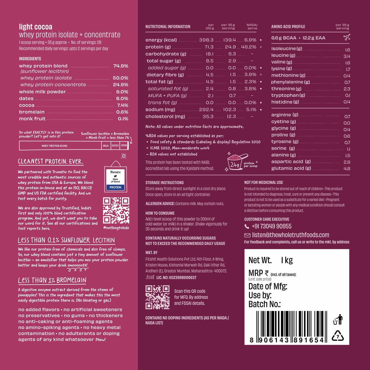 The Whole Truth 24g Whey Protein Concentrate - 1kg