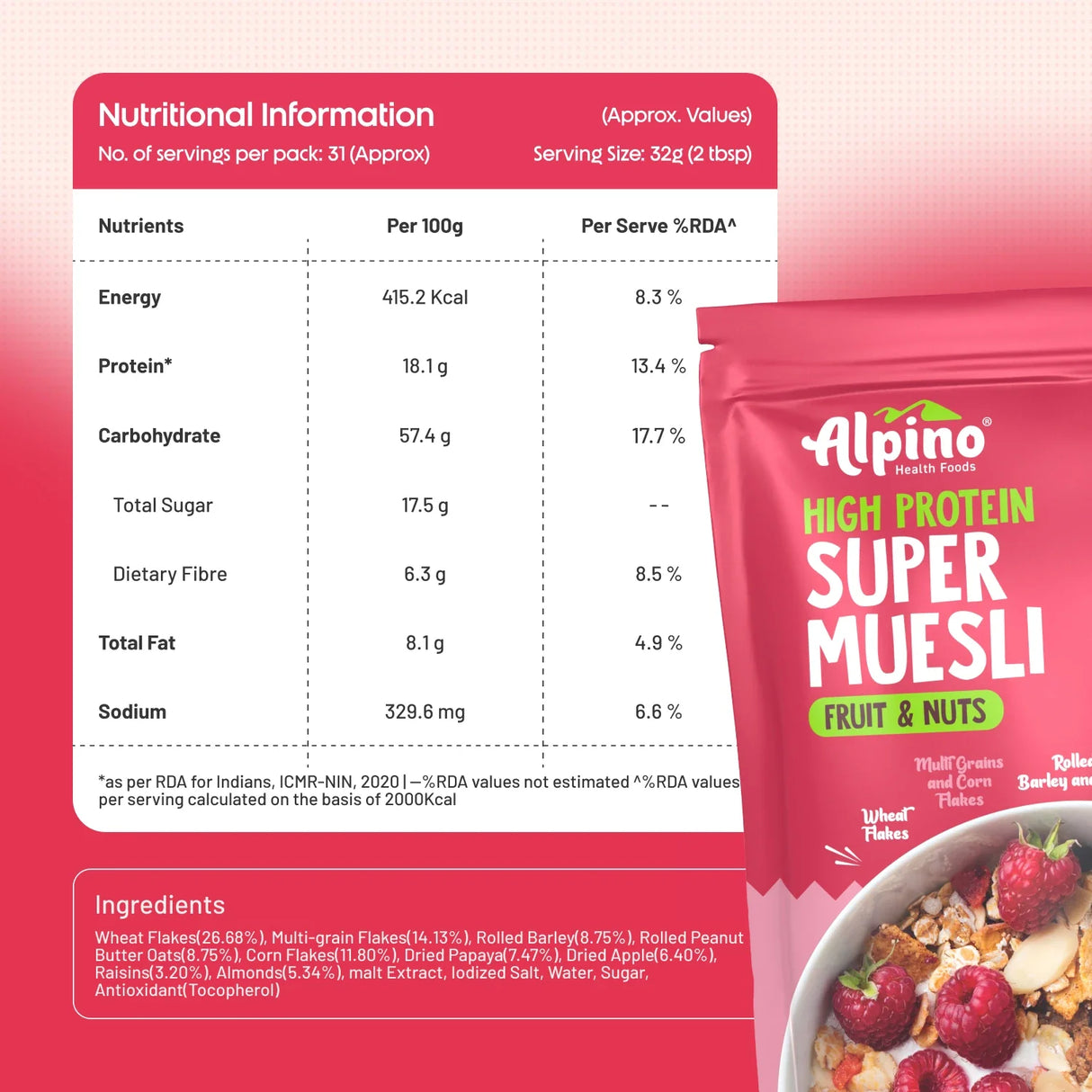 Alpino Super Muesli (Whole Grain Breakfast Cereal) - 400 gm - Nutristar