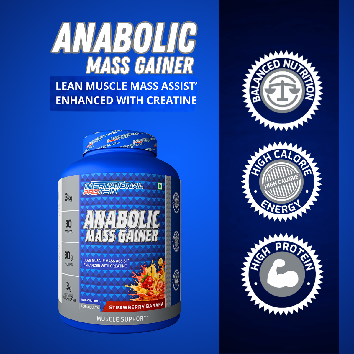 International Protein Anabolic Mass Gainer 3kg | 30g Protein | 3g Creatine | 30 Servings