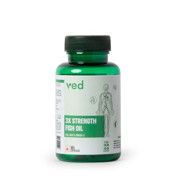 Vedayu 3X Strength Omega-3 Fish Oil Capsules With EPA 495 mg, DHA 330 mg | Prebiotics Flora | 1400 mg Fish Oil | 30 Capsules
