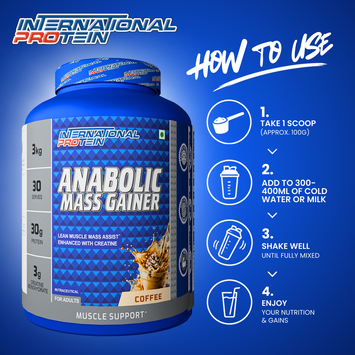 International Protein Anabolic Mass Gainer 3kg | 30g Protein | 3g Creatine | 30 Servings
