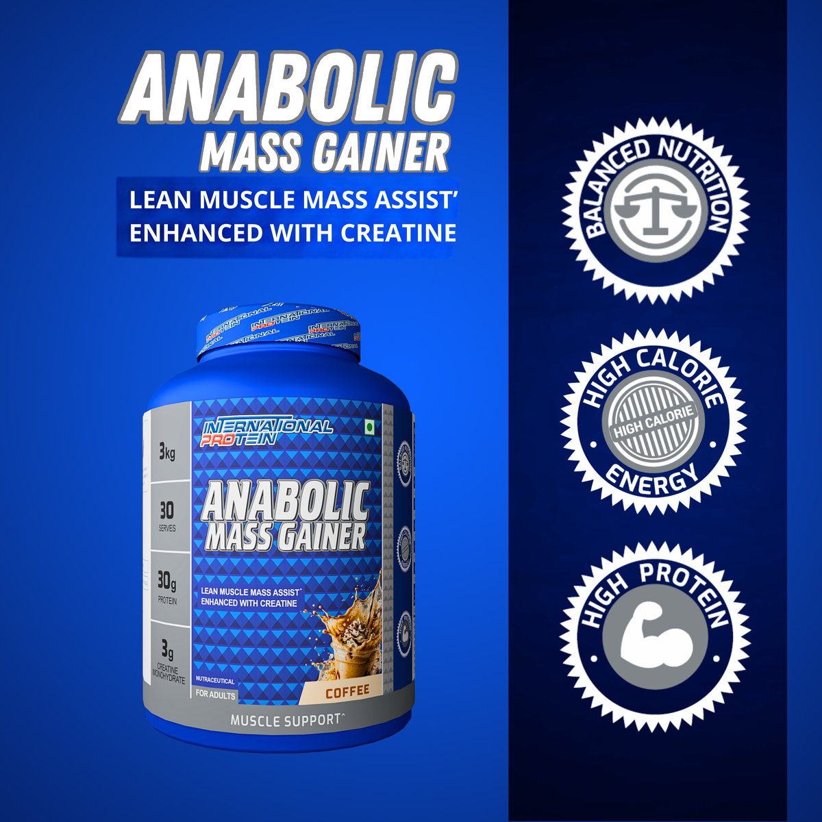 International Protein Anabolic Mass Gainer 3kg | 30g Protein | 3g Creatine | 30 Servings