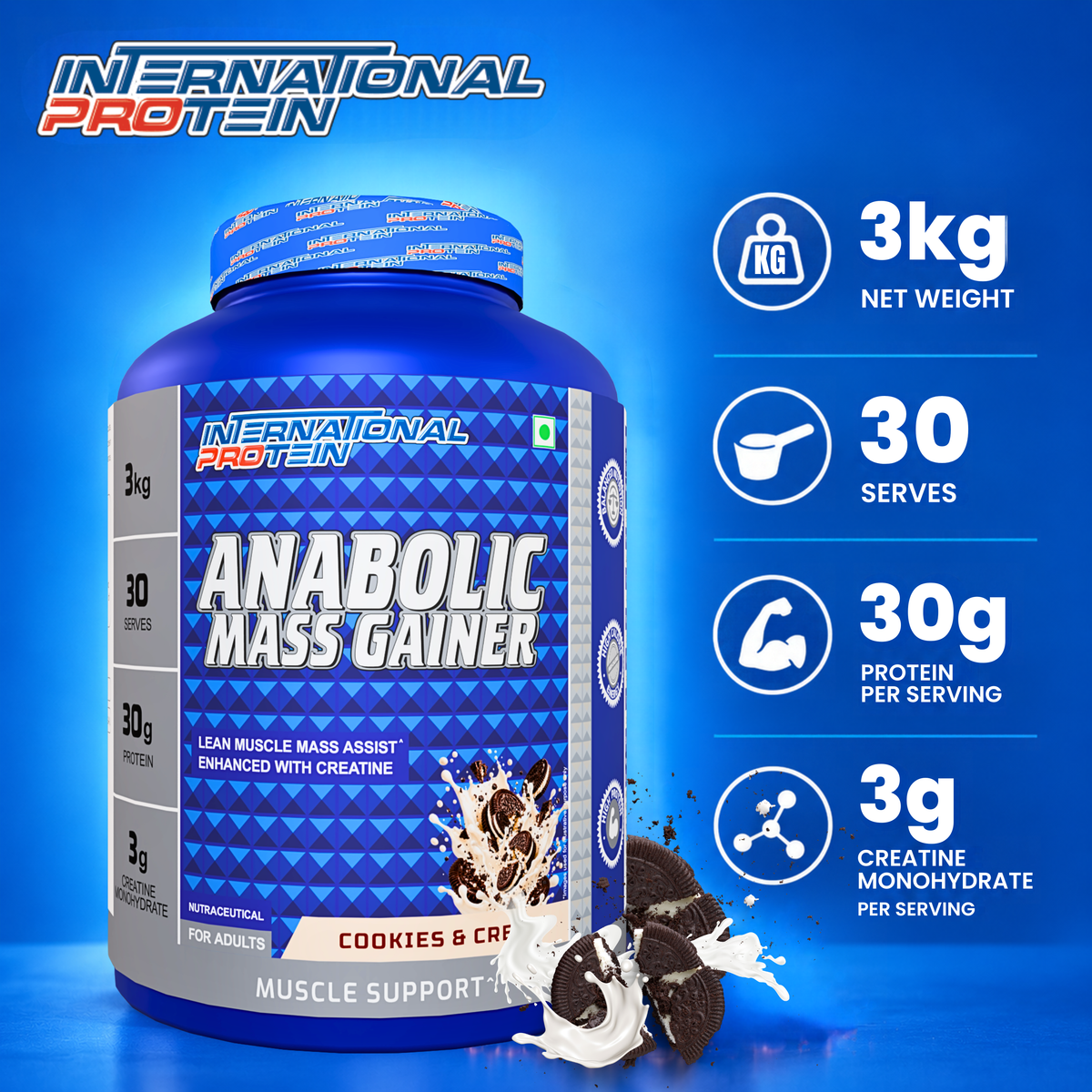 International Protein Anabolic Mass Gainer 3kg | 30g Protein | 3g Creatine | 30 Servings