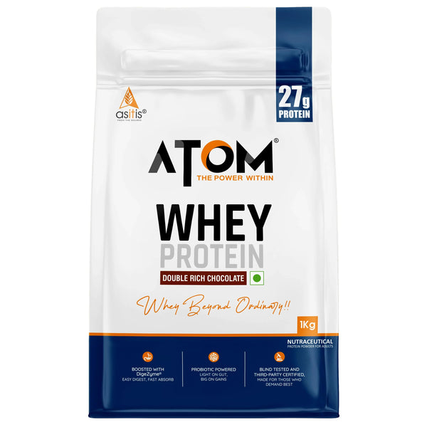 Buy ATOM Whey Protein Double Rich Chocolate 1kg at Nutristar, premium protein supplement online
