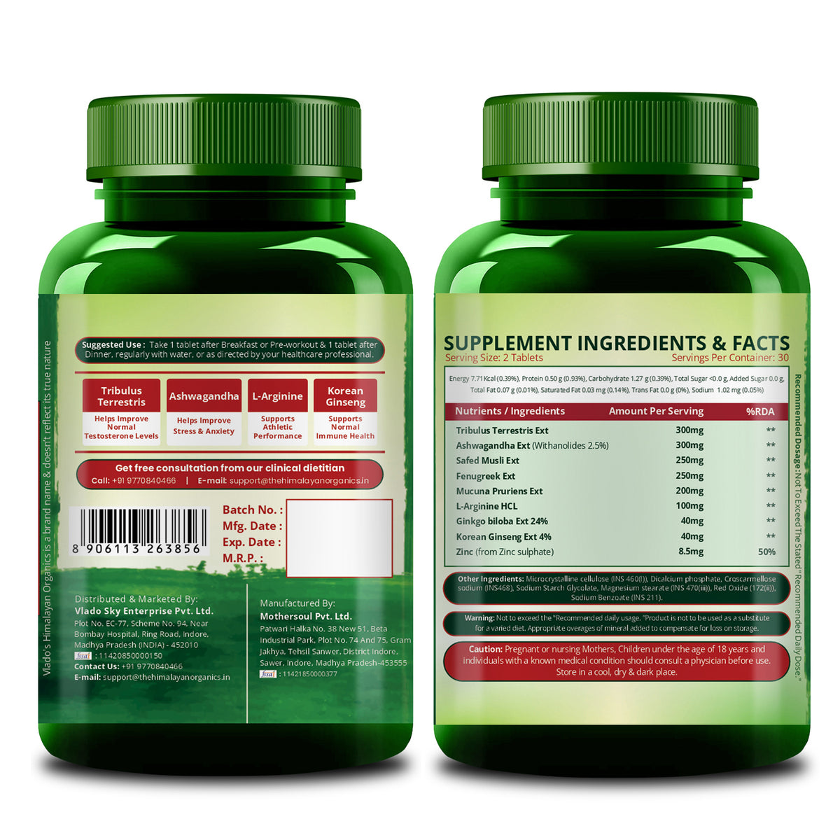 Vlado's Himalayan Organics, Testosterone Booster with Tribulus Ashwagandha Zinc - 60 Veg Tablets