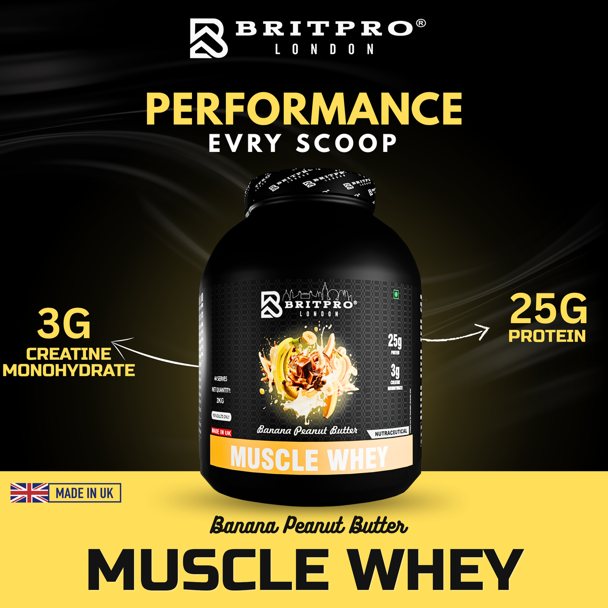 BRITPRO London Muscle Whey Protein Powder - 2kg | 44 Servings (INDIAN)