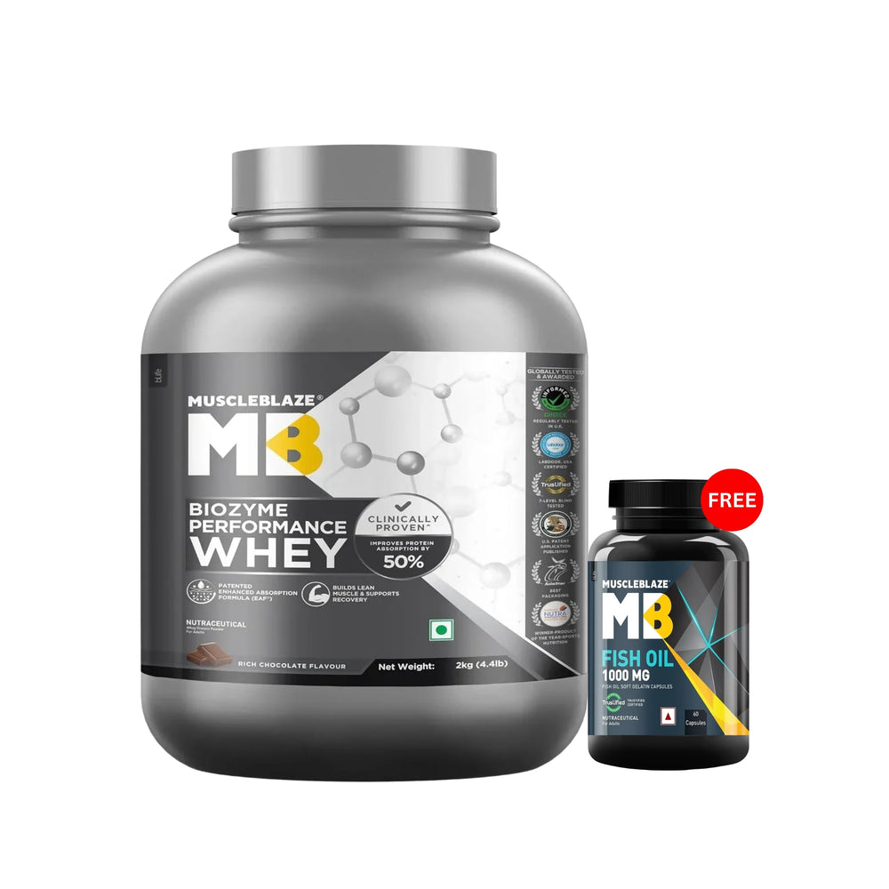 MuscleBlaze Biozyme Performance Whey 4.4 Lbs + Omega 3 Fish Oil 60 Servings Combo