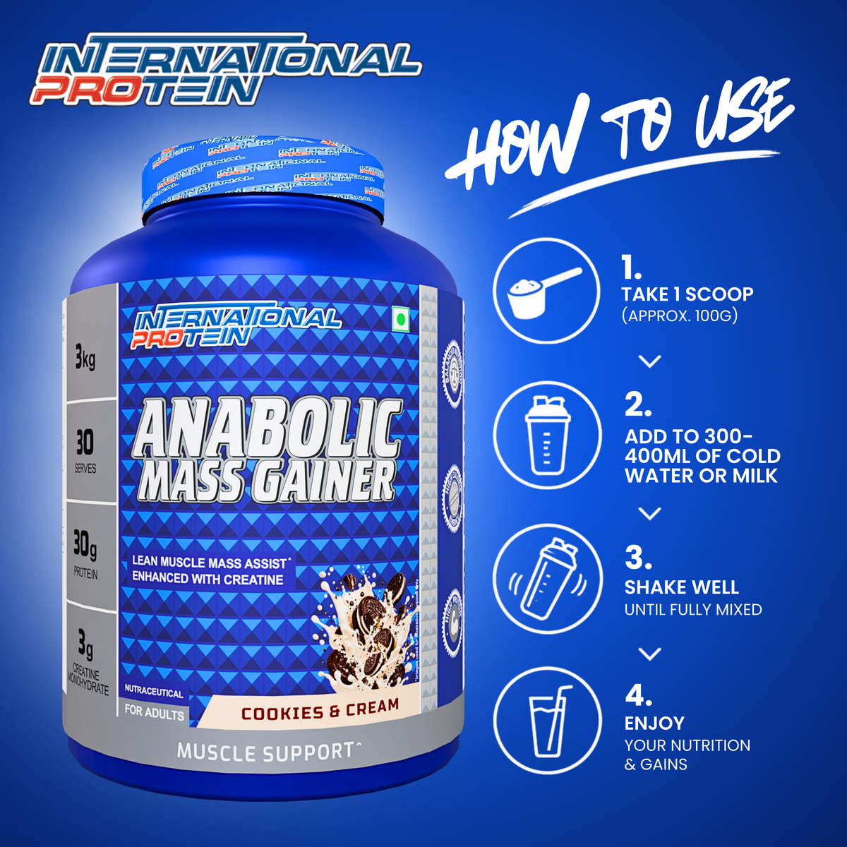 International Protein Anabolic Mass Gainer 3kg | 30g Protein | 3g Creatine | 30 Servings
