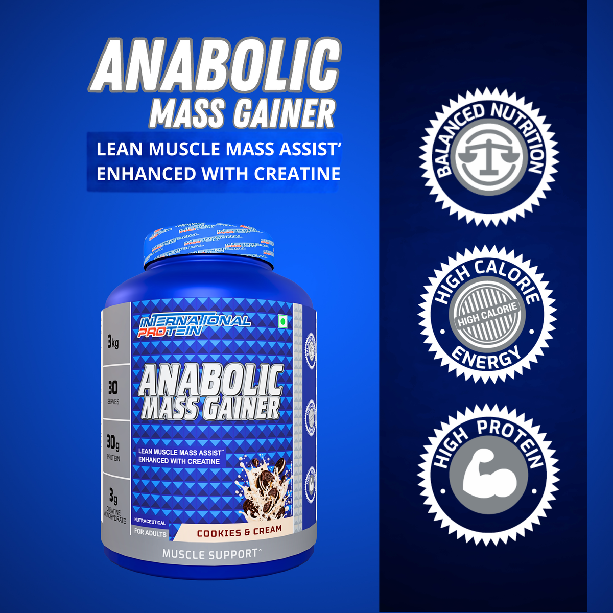 International Protein Anabolic Mass Gainer 3kg | 30g Protein | 3g Creatine | 30 Servings