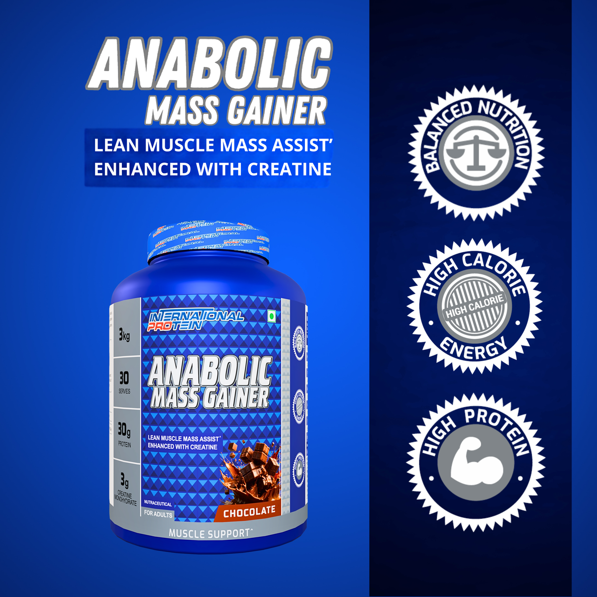 International Protein Anabolic Mass Gainer 3kg | 30g Protein | 3g Creatine | 30 Servings