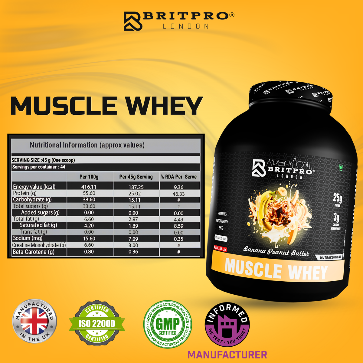 BRITPRO London Muscle Whey Protein Powder - 2kg | 44 Servings (INDIAN)