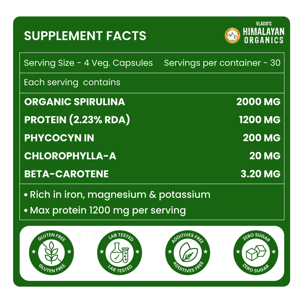 Vlado's Himalayan Organics, Spirulina, 2000mg - 120 Veg Capsules