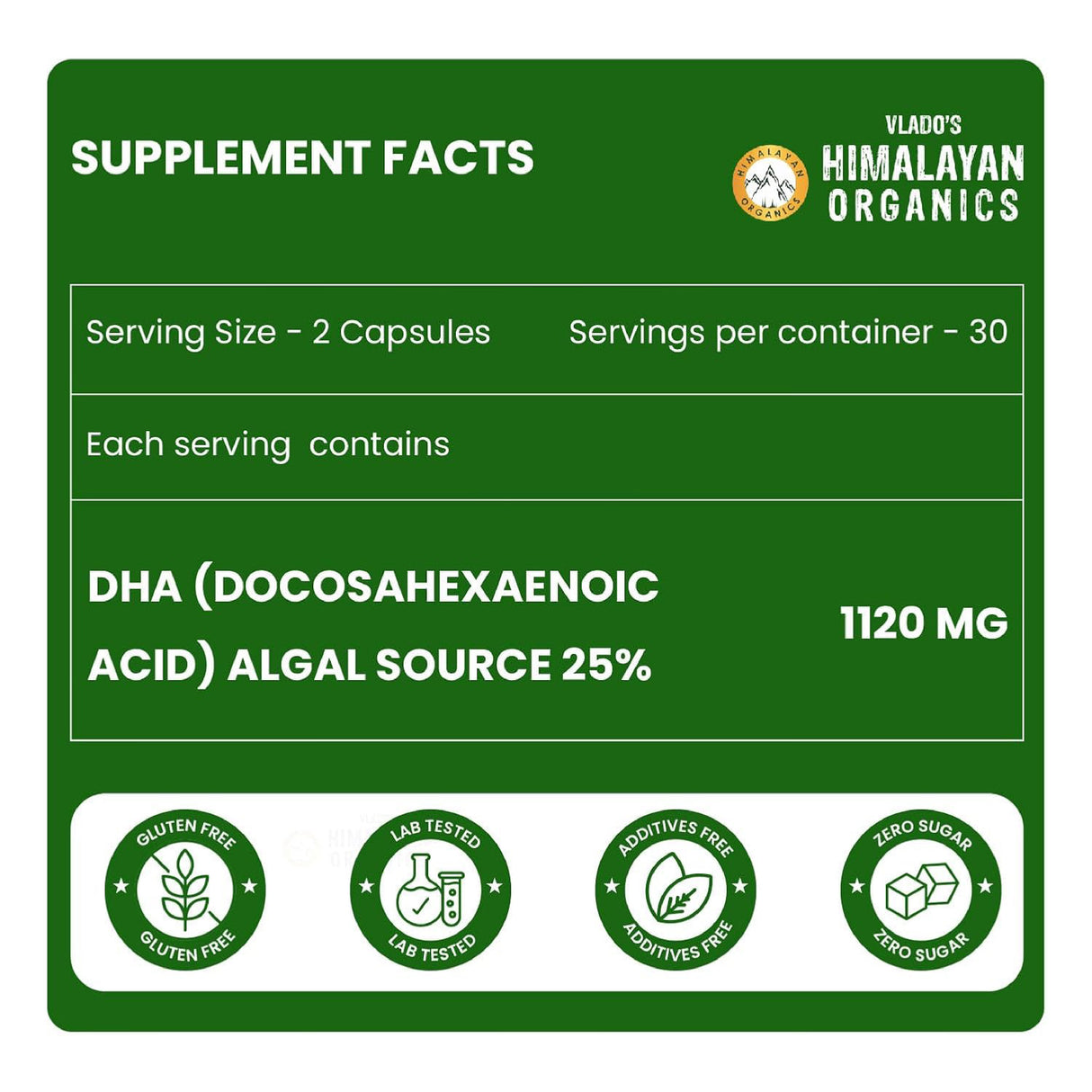 Vlado's Himalayan Organics, Vegan Omega 3, DHA 1120mg - 60 Veg Capsules
