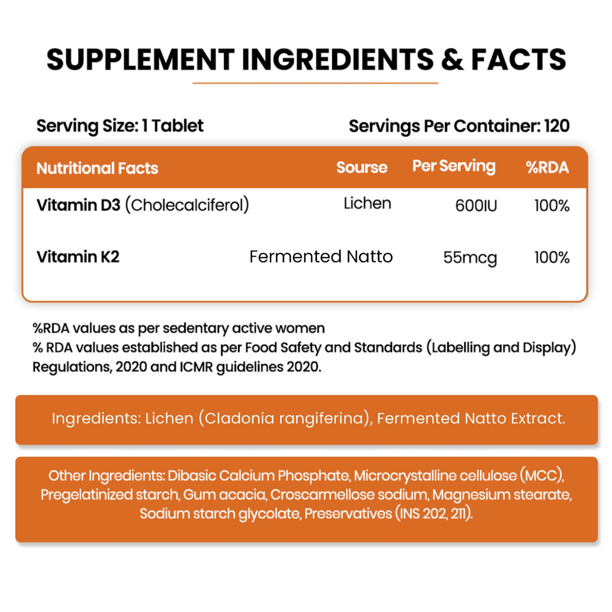 Vlado's Himalayan Organics, Vitamin D3 600IU K2 MK7 - 120 Veg Tablets