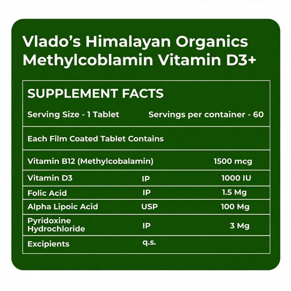 Vlado's Himalayan Organics Vitamin B12 1500mcg with Vitamin D3 | 60 Tablets | Energy & Nervous System Support