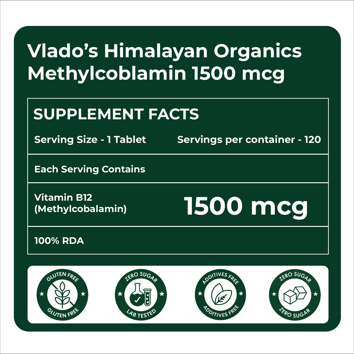 Vlado's Himalayan Organics Vitamin B12 1500mcg Tablets | 120 Veg Tablets | Methylcobalamin Supplement