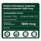 Vlado's Himalayan Organics Vitamin B12 1500mcg Tablets | 120 Veg Tablets | Methylcobalamin Supplement