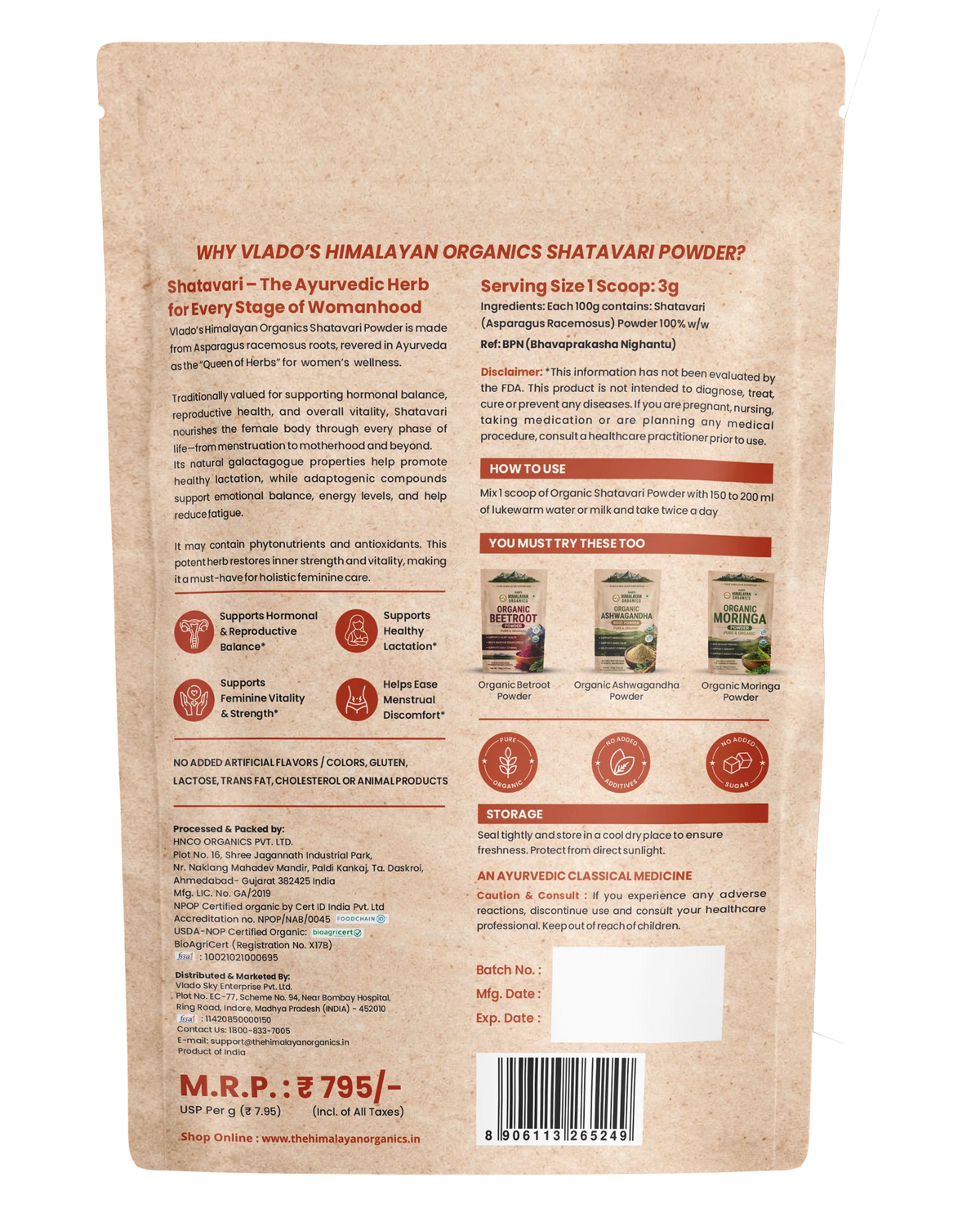 Vlado’s Himalayan Organics Shatavari Powder 100g | Hormonal & Lactation Support