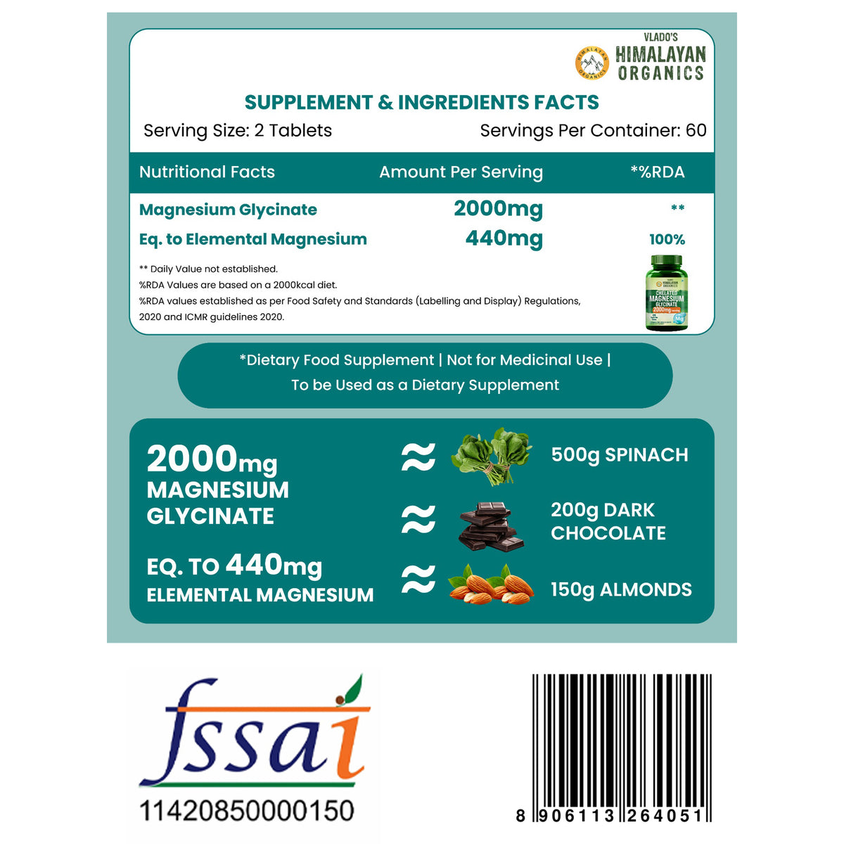 Vlado's Himalayan Organics, Chelated Magnesium Glycinate, 2000mg - 120 Veg Tablets