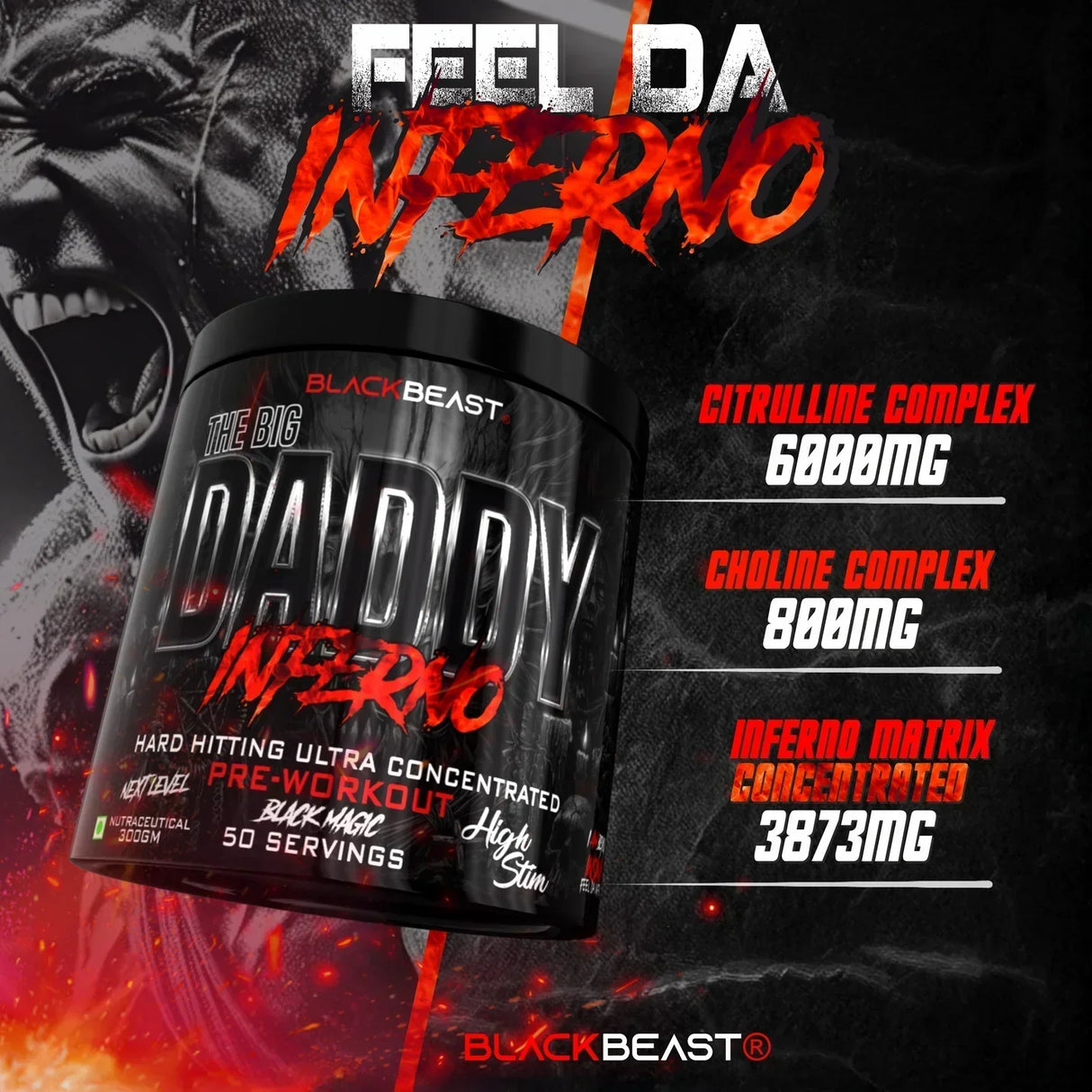 Black Beast Big Daddy Inferno Pre-Workout | Citrulline Malate & Beta Alanine | 300g