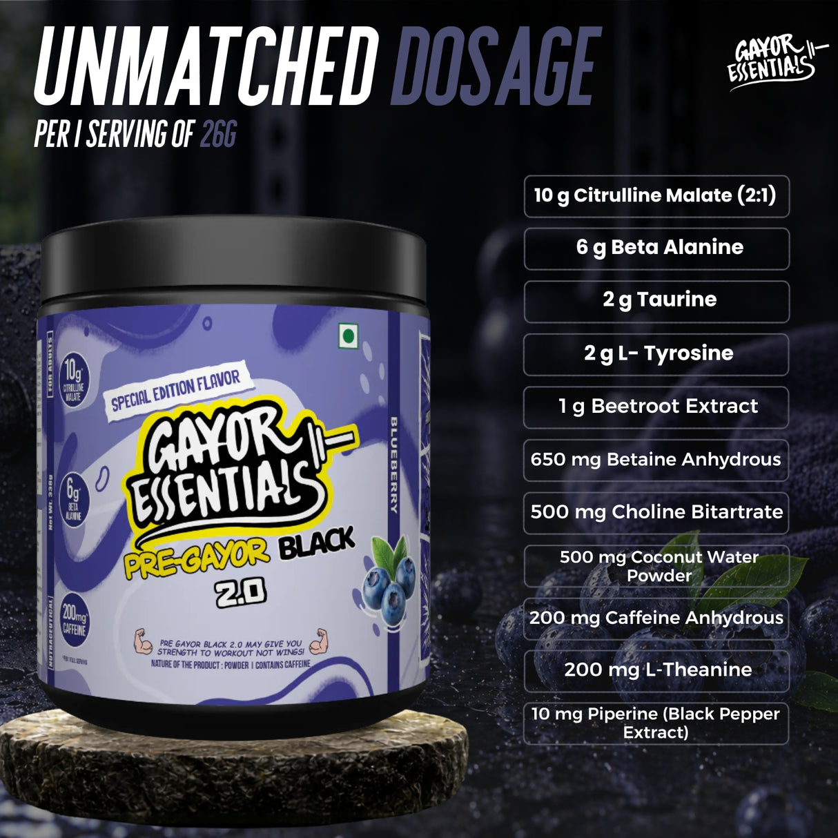 Gayor Essentials Pre Gayor Black 2.0 Pre-Workout Powder 338g | 200mg Caffeine