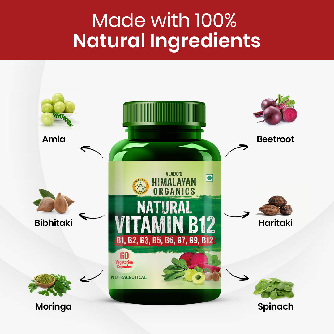 Vlado's Himalayan Organics, Vitamin B12 with B1 B2 B3 B5 B6 B7 B9 Moringa - 60 Veg Capsules