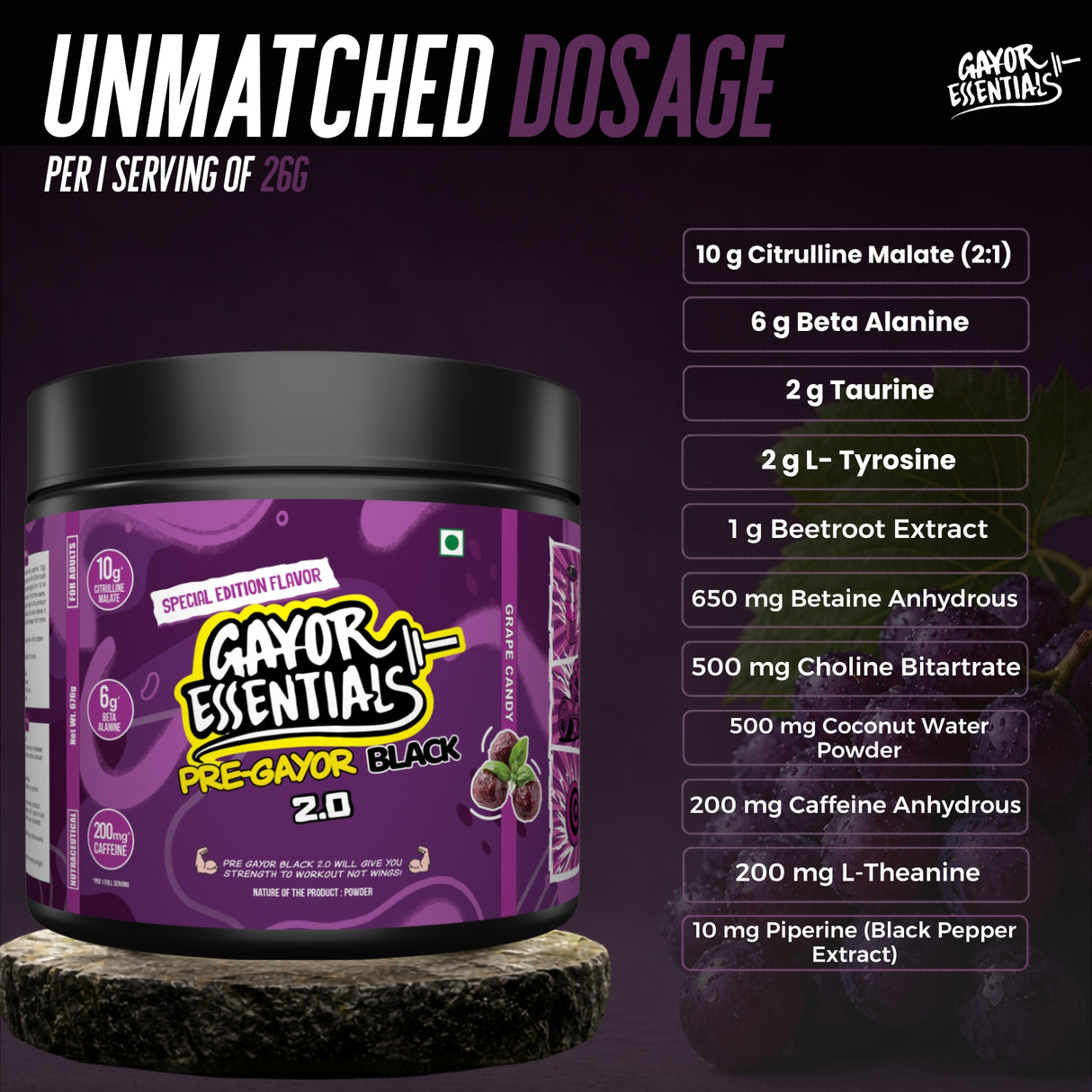 Gayor Essentials Pre Gayor Black 2.0 Pre-Workout Powder 676g | 200mg Caffeine