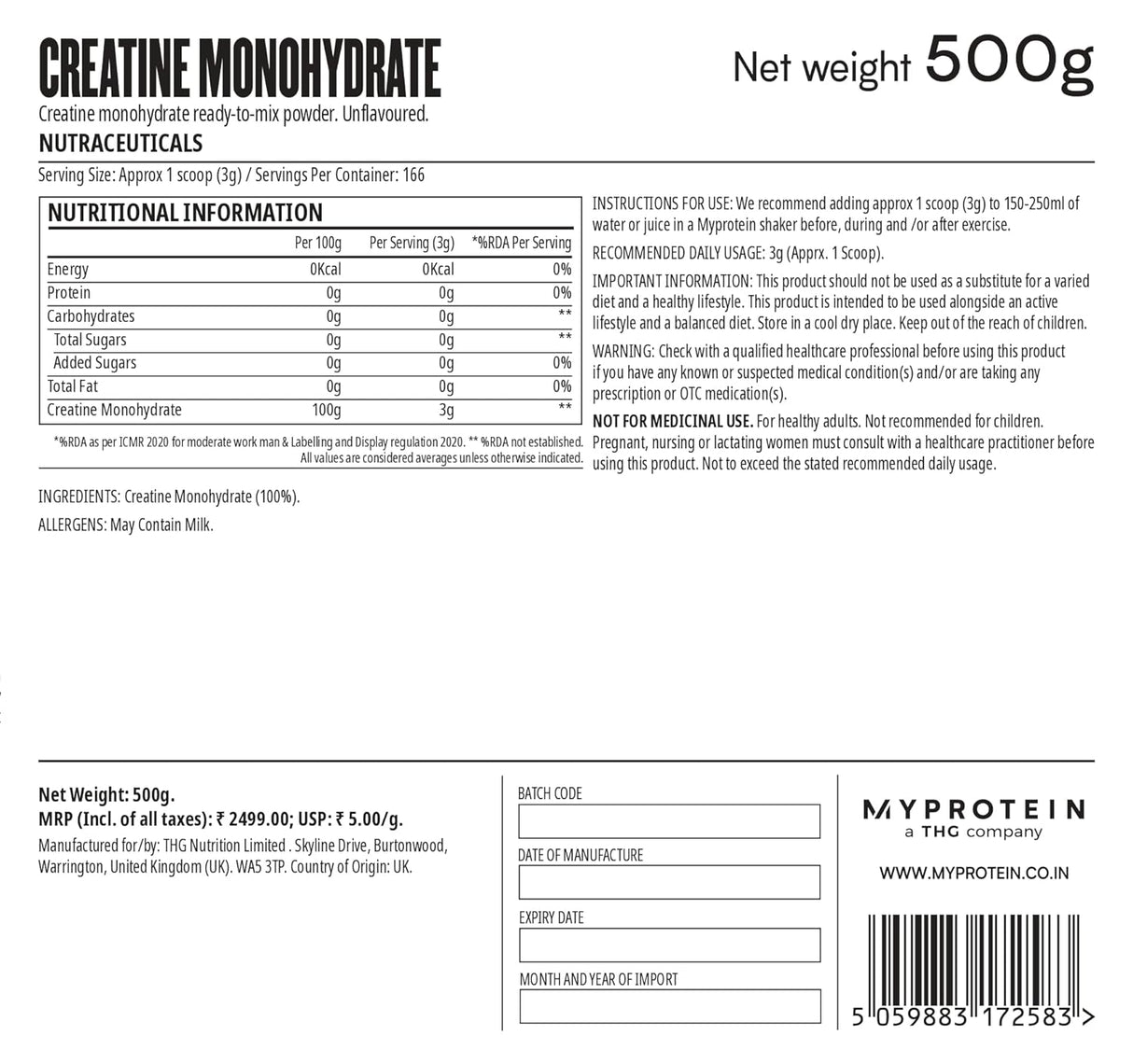 Myprotein Creatine Monohydrate , 500 gm