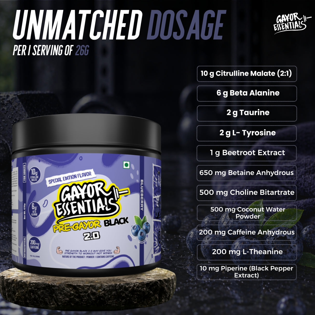 Gayor Essentials Pre Gayor Black 2.0 Pre-Workout Powder 676g | 200mg Caffeine