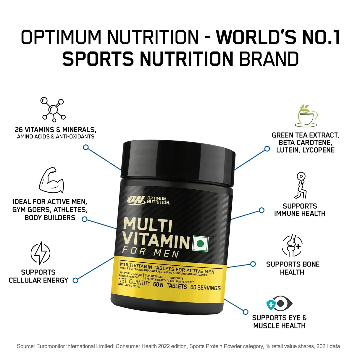 Optimum Nutrition (ON) Gold Standard 100% Whey 5lbs + Multivitamin for Men 60 Tablets Combo