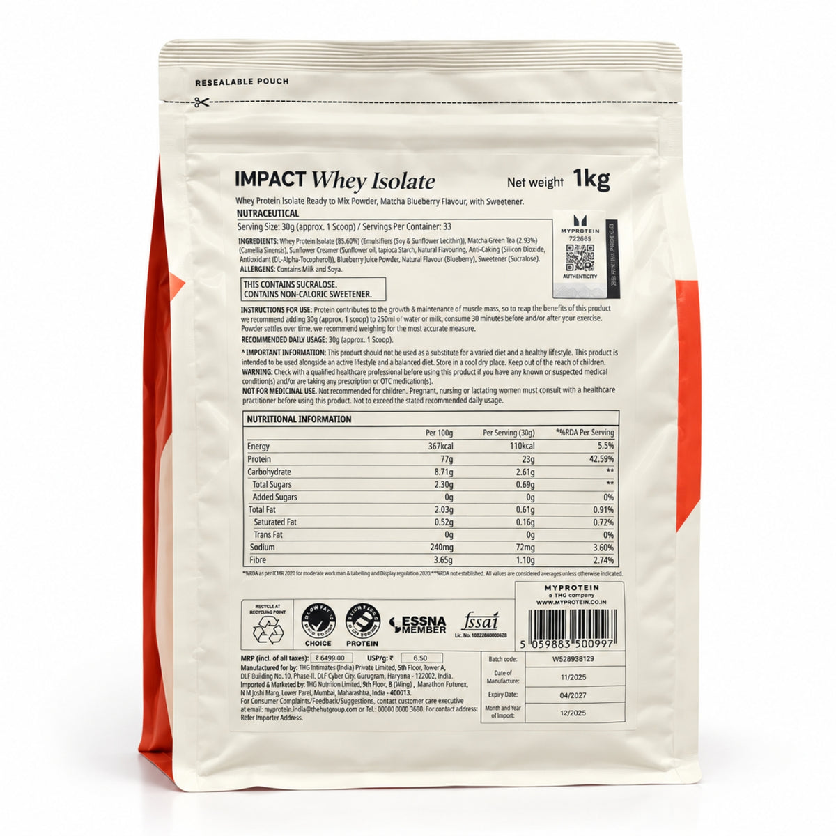 MyProtein Impact Whey Isolate Powder | 1kg