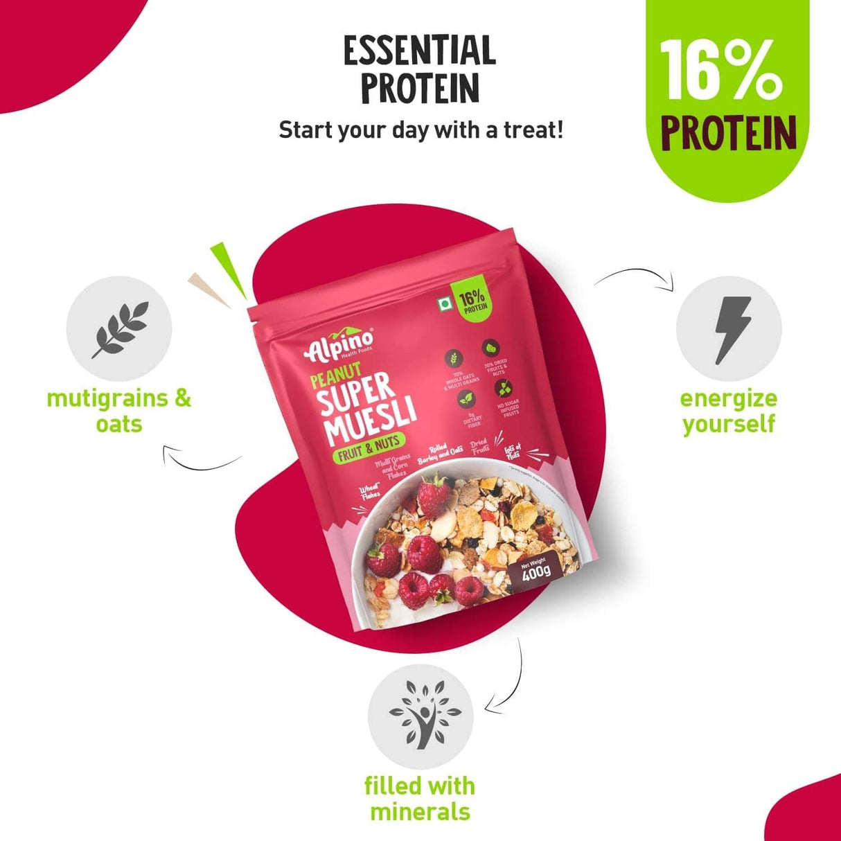 Alpino Super Muesli (Whole Grain Breakfast Cereal) - 400 gm - Nutristar