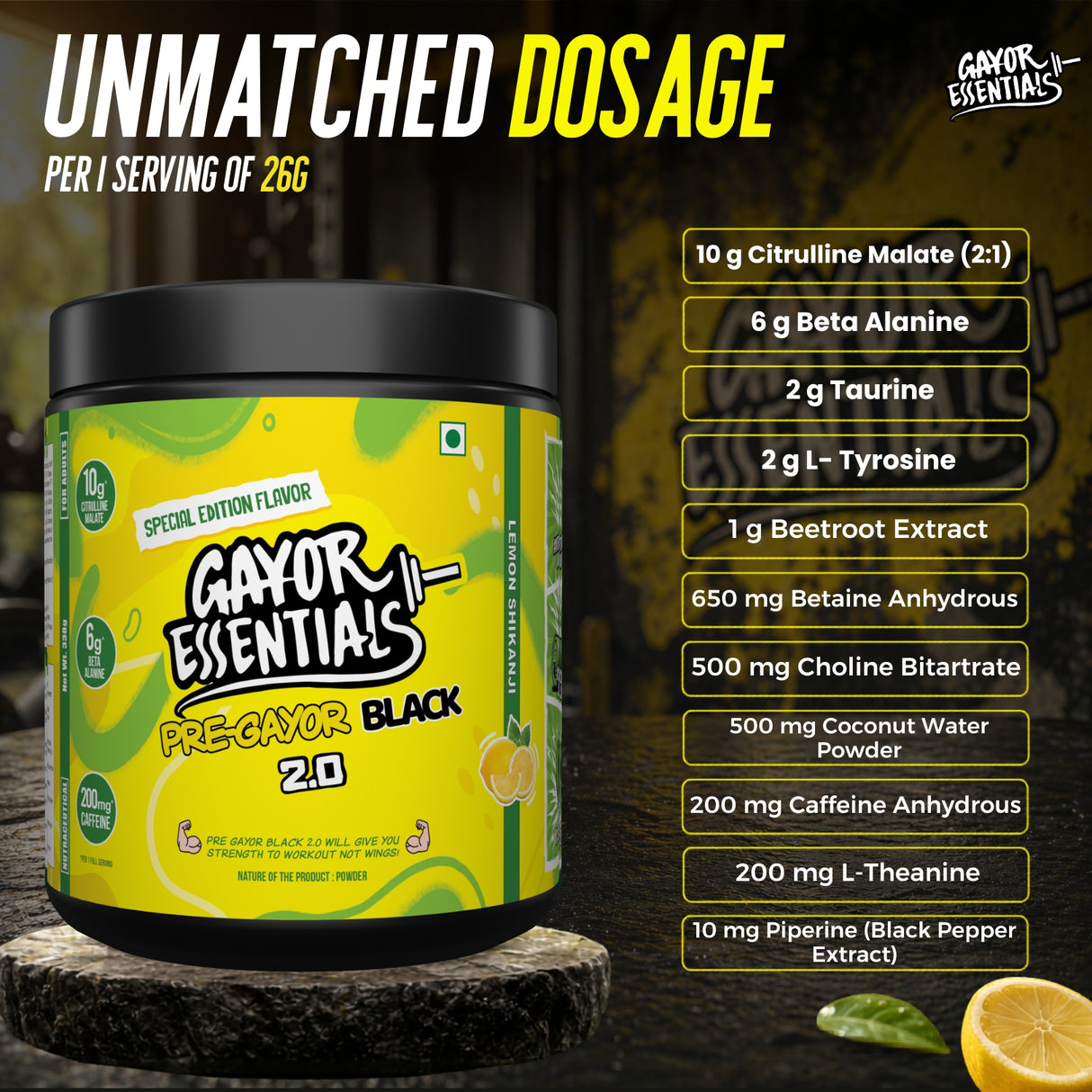 Gayor Essentials Pre Gayor Black 2.0 Pre-Workout Powder 338g | 200mg Caffeine